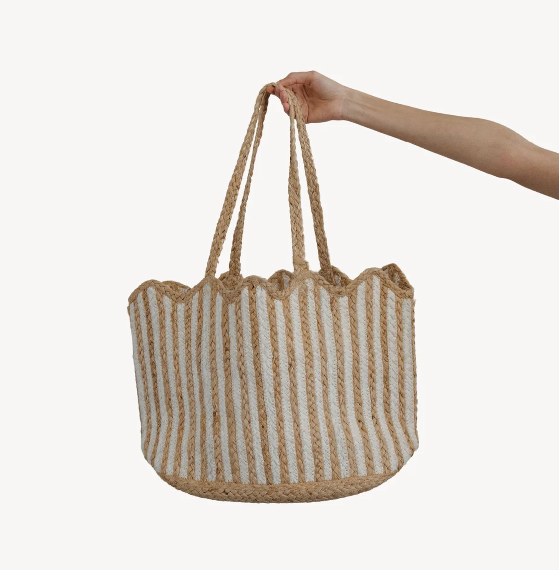 Pokoloko Jute Bag - Scalloped Tote with Tassel - Natural/White