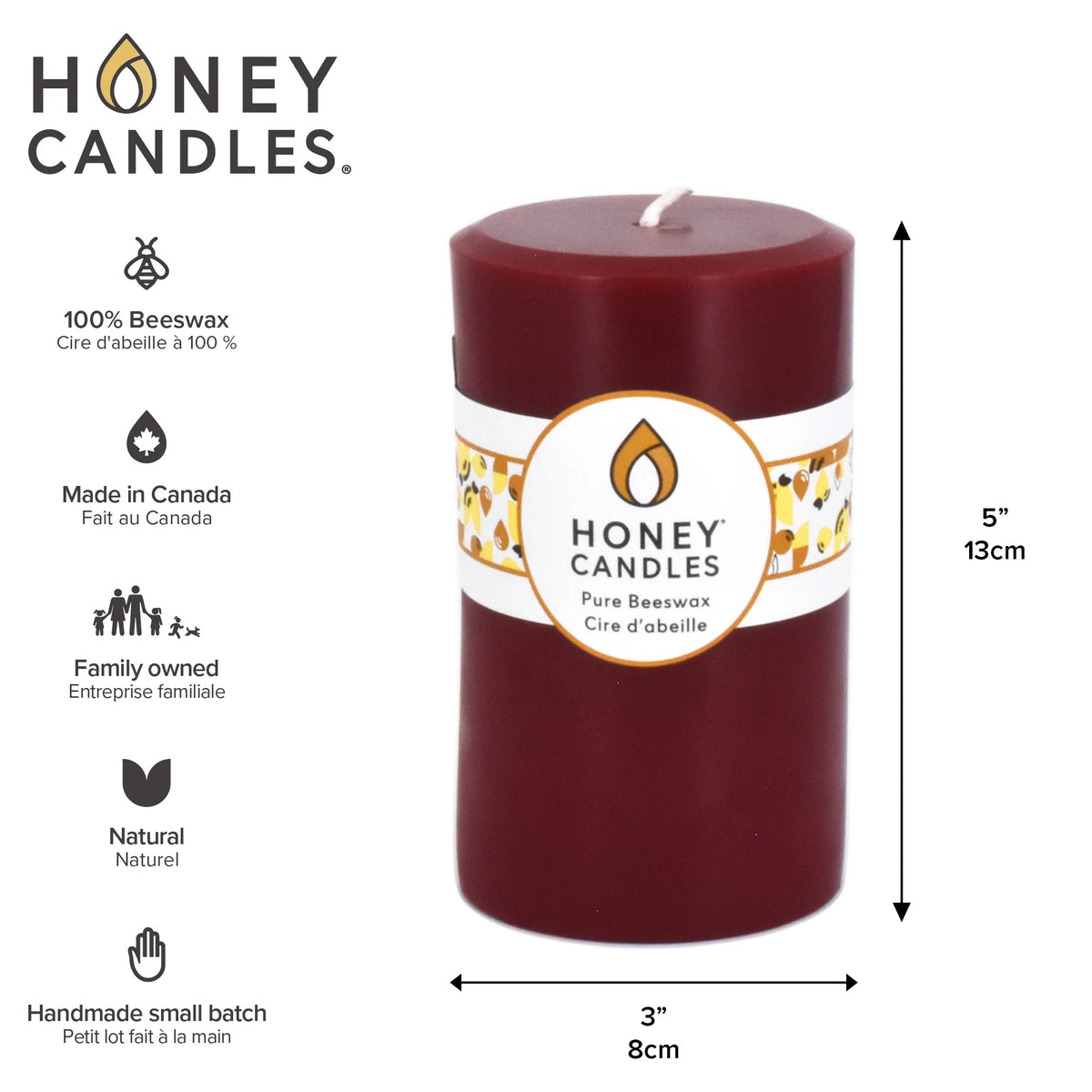 Honey Candles 5" Round Beeswax Pillar (three colours)