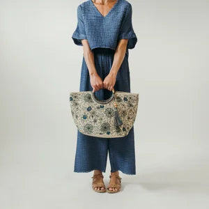 Pokoloko Jute Bag - Circular Handles with Tassel - Denim Floral