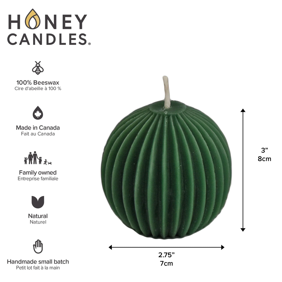 Honey Candles Natural Beeswax Fluted Sphere (three colours)