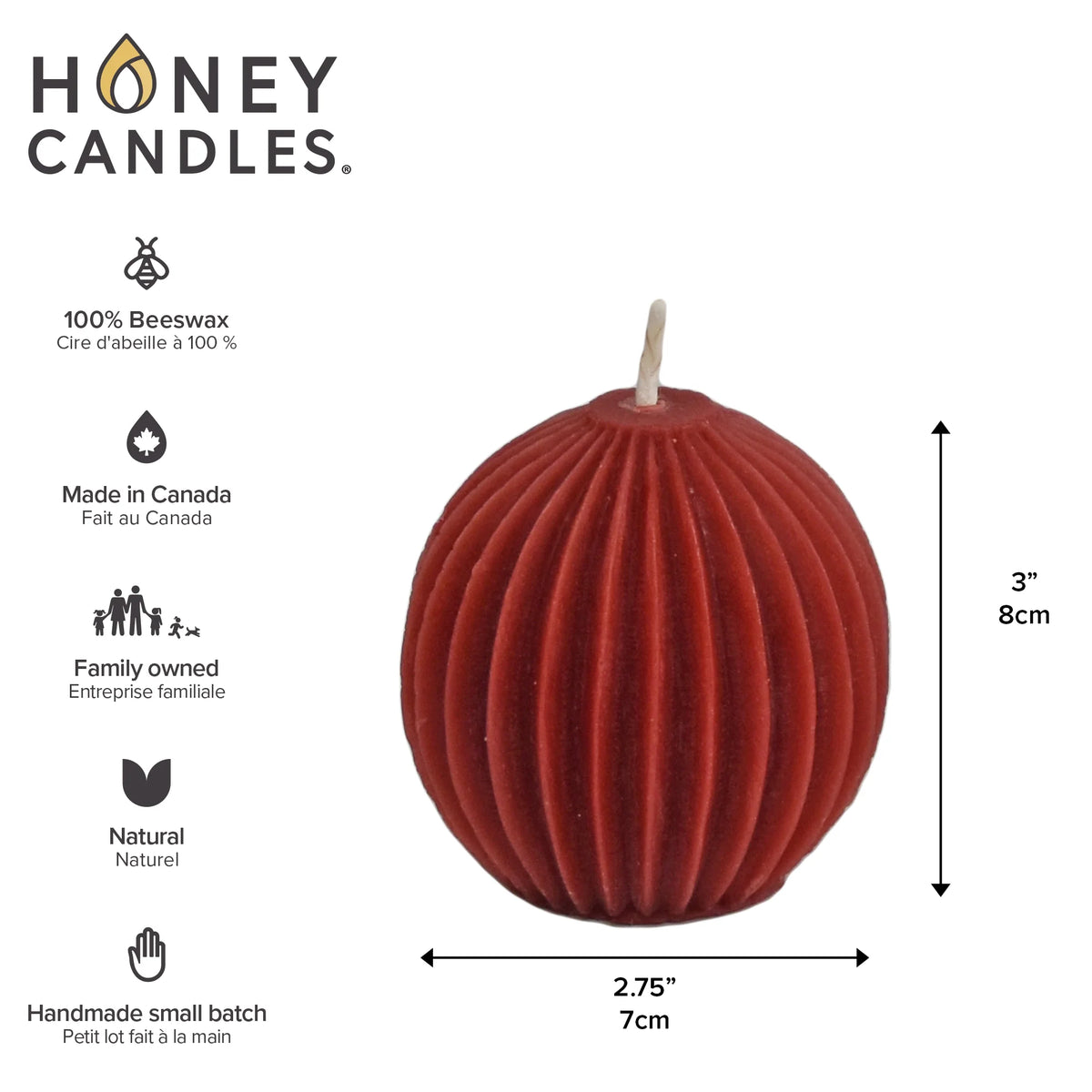 Honey Candles Natural Beeswax Fluted Sphere (three colours)