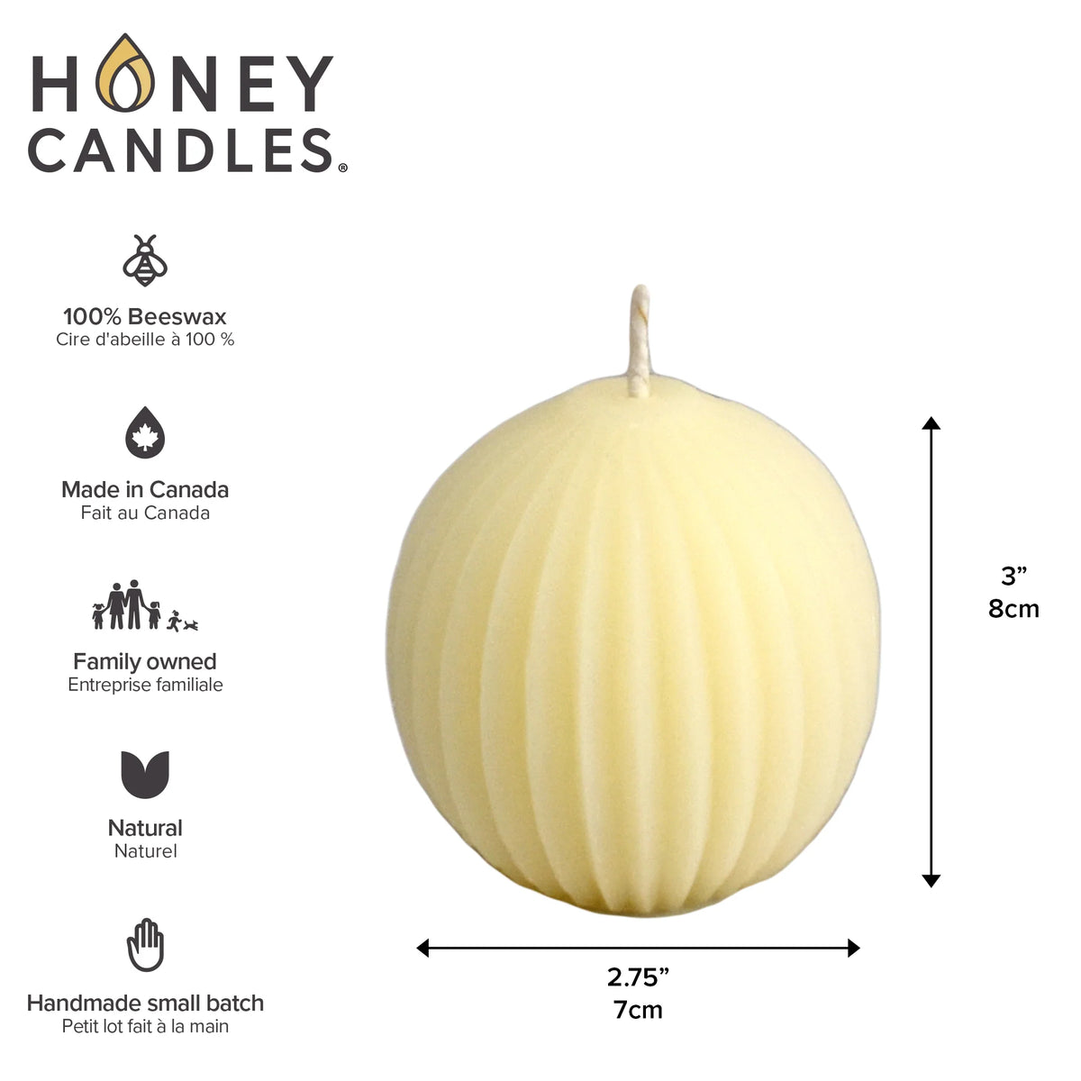 Honey Candles Natural Beeswax Fluted Sphere (three colours)