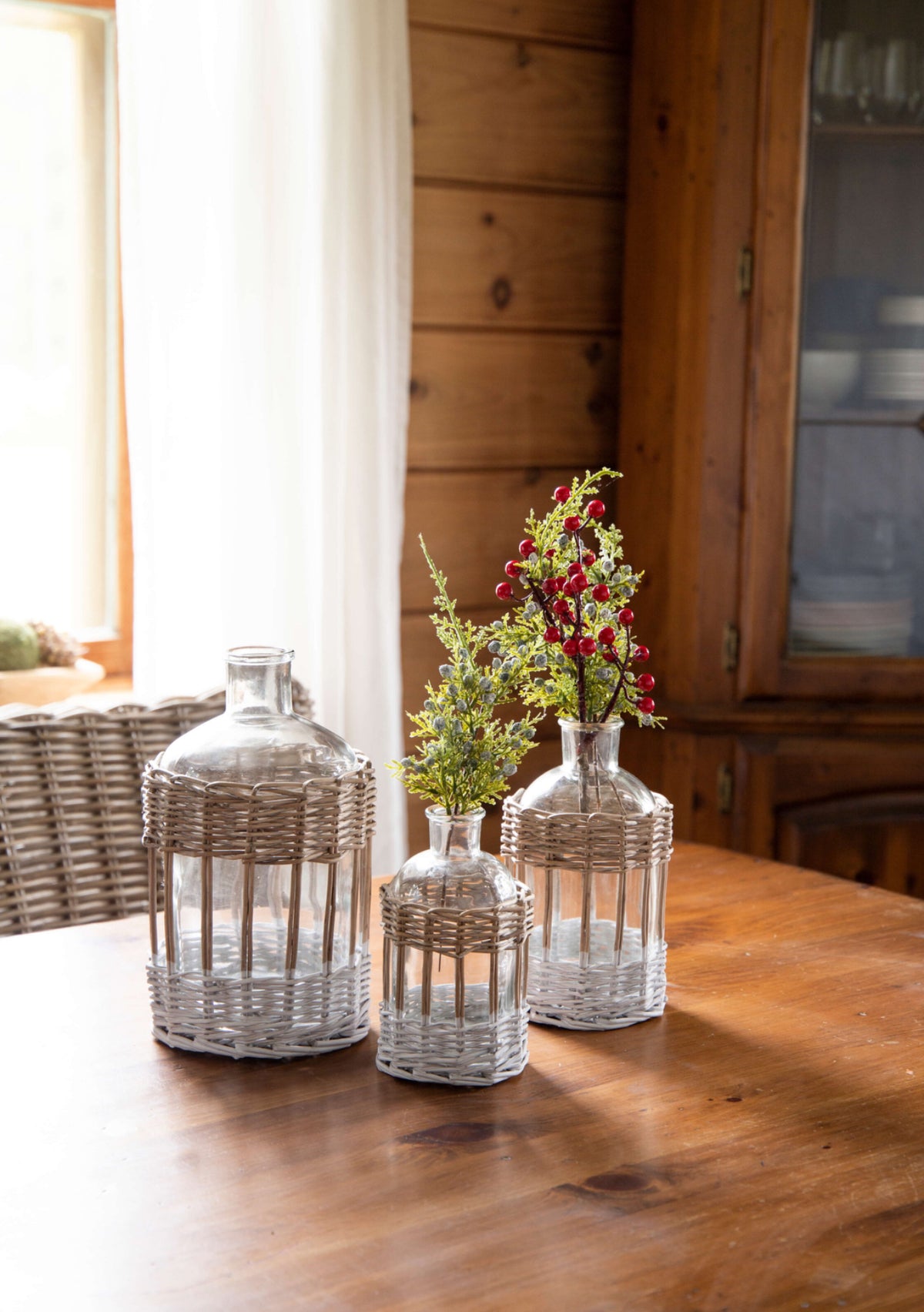 Glass Bottle With Grey White Willow Open Weave (four sizes, sold separately)