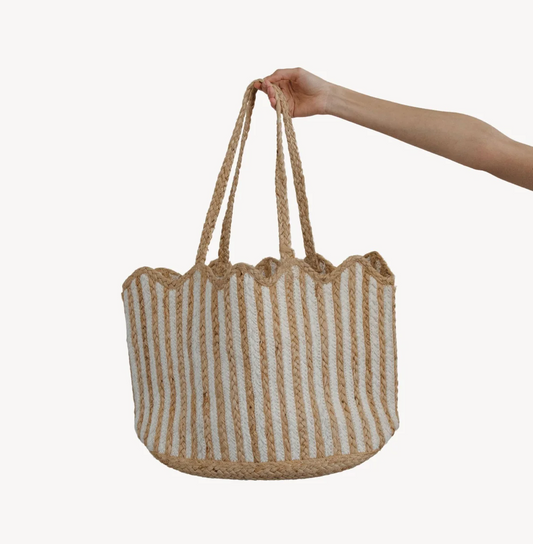 Pokoloko Jute Bag - Scalloped Tote with Tassel - Natural/White