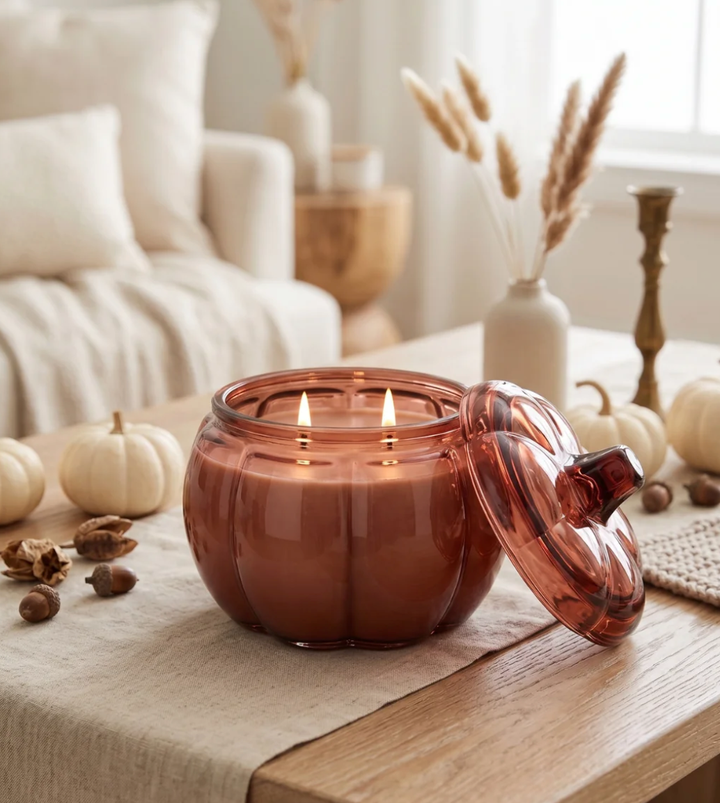 The Scented Market Coloured Glass Pumpkin Candle (four colours)
